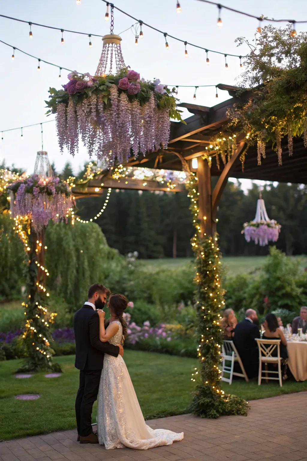 Magical outdoor floral chandeliers with wisteria