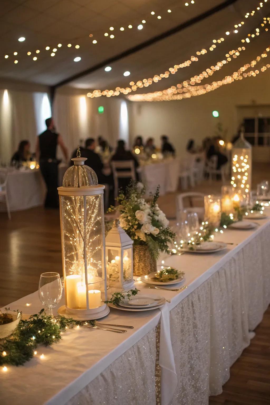 Twinkle lights shimmering over the wedding head table.