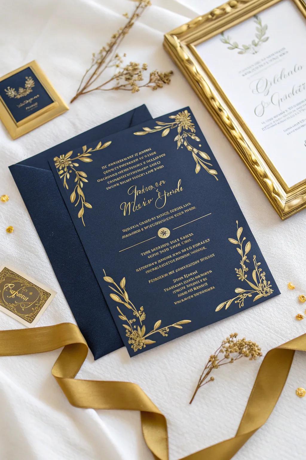 Luxurious wedding announcement with gleaming gilded foil highlights.