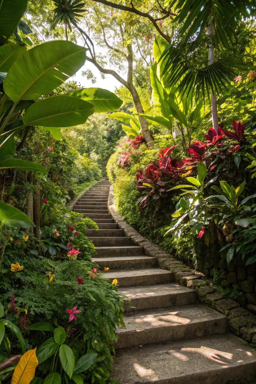 Tropical verdure establishes an exotic, lavish atmosphere on this staircase.