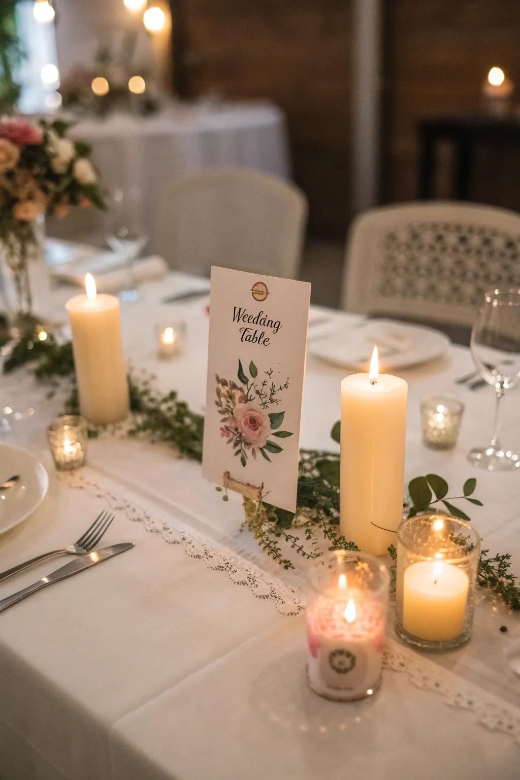 The ambiance is made more romantic and inviting by candles near table markers.