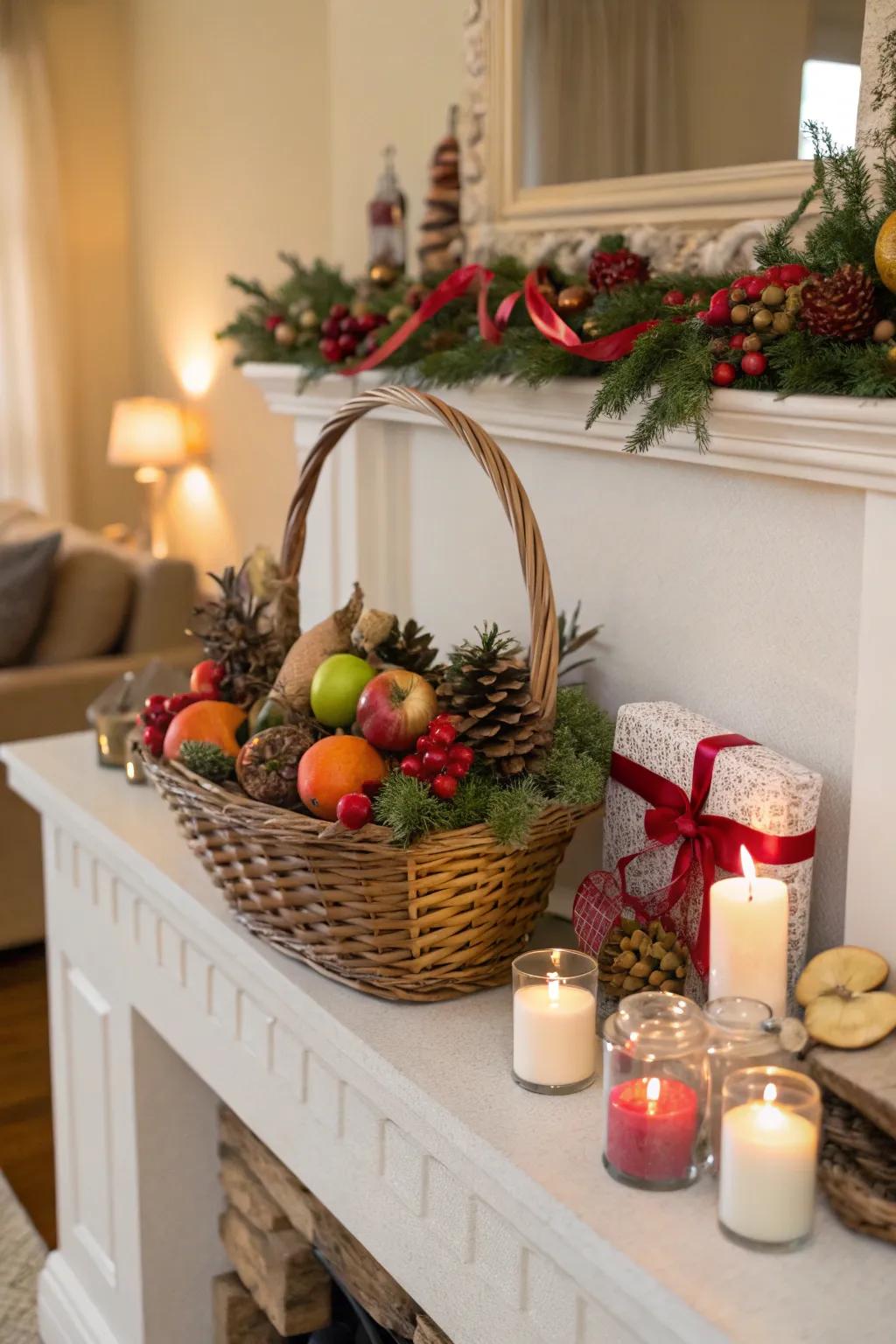 Seasonal decorations bring joyful cheer to the welcoming basket.