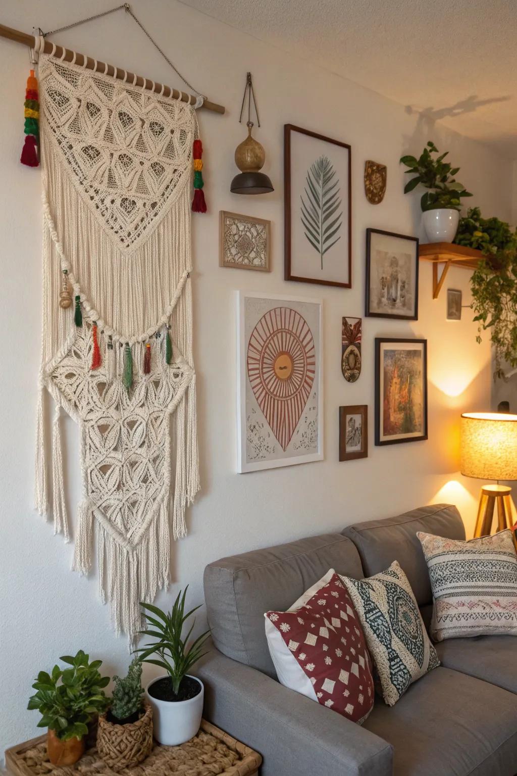 Boho wall interior featuring knotted cord and artistic hangings.