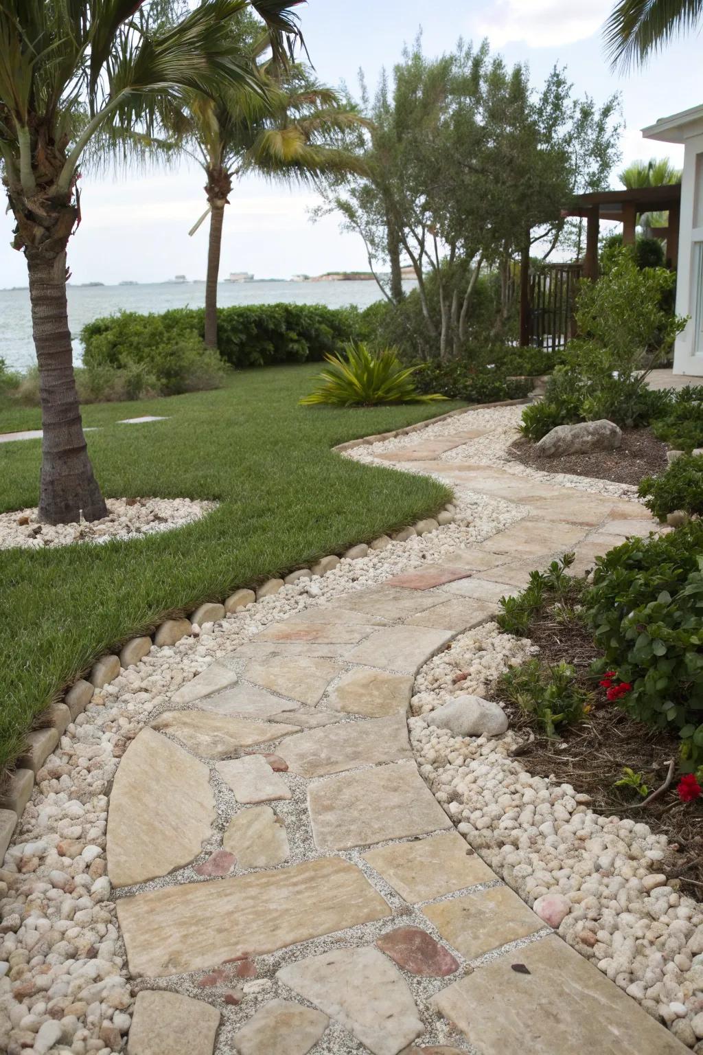 Crushed shells adding a unique coastal charm to paver paths.