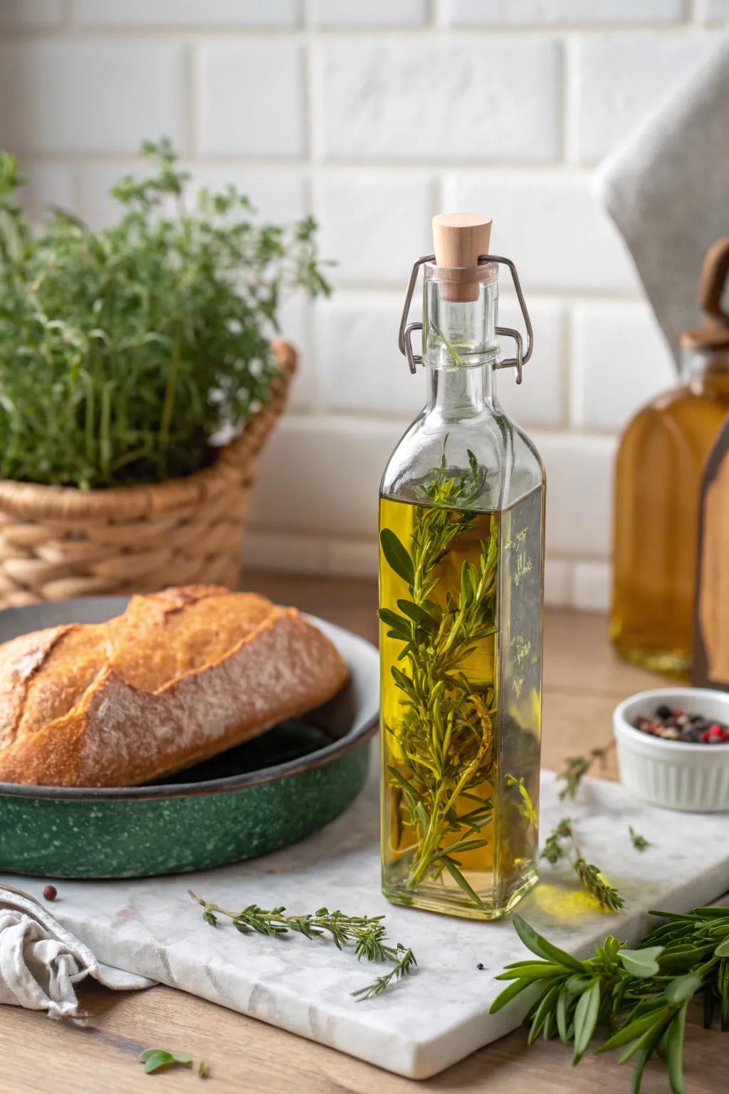 Herb-infused oil for a gourmet kitchen experience.