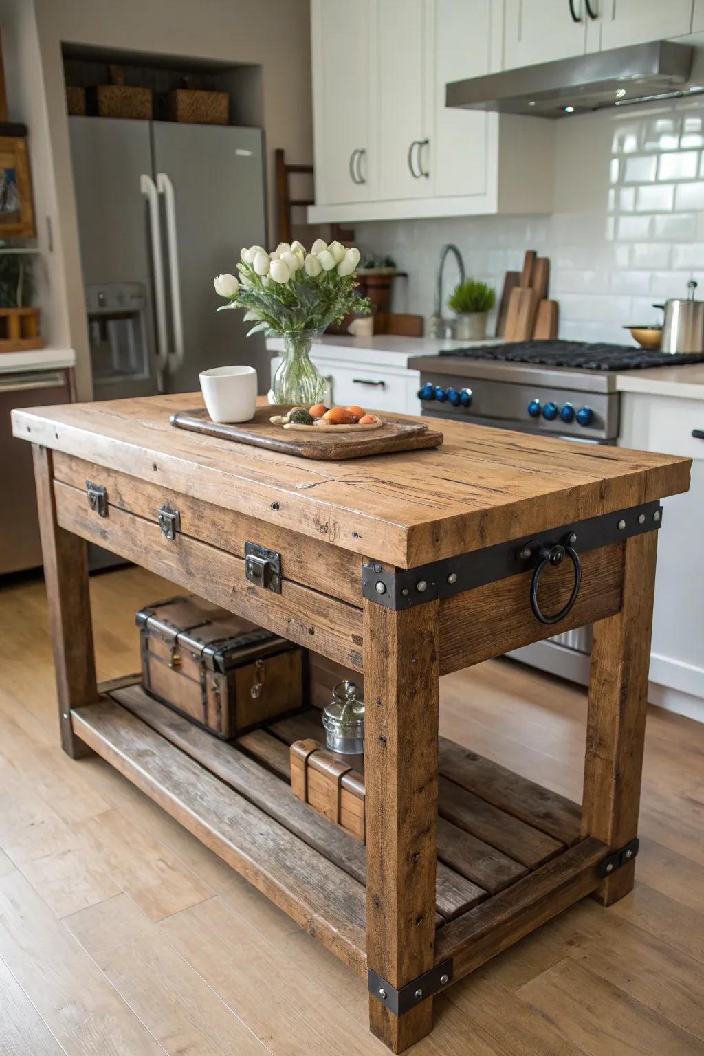 Upcycled pieces add depth and history to your cooking space.