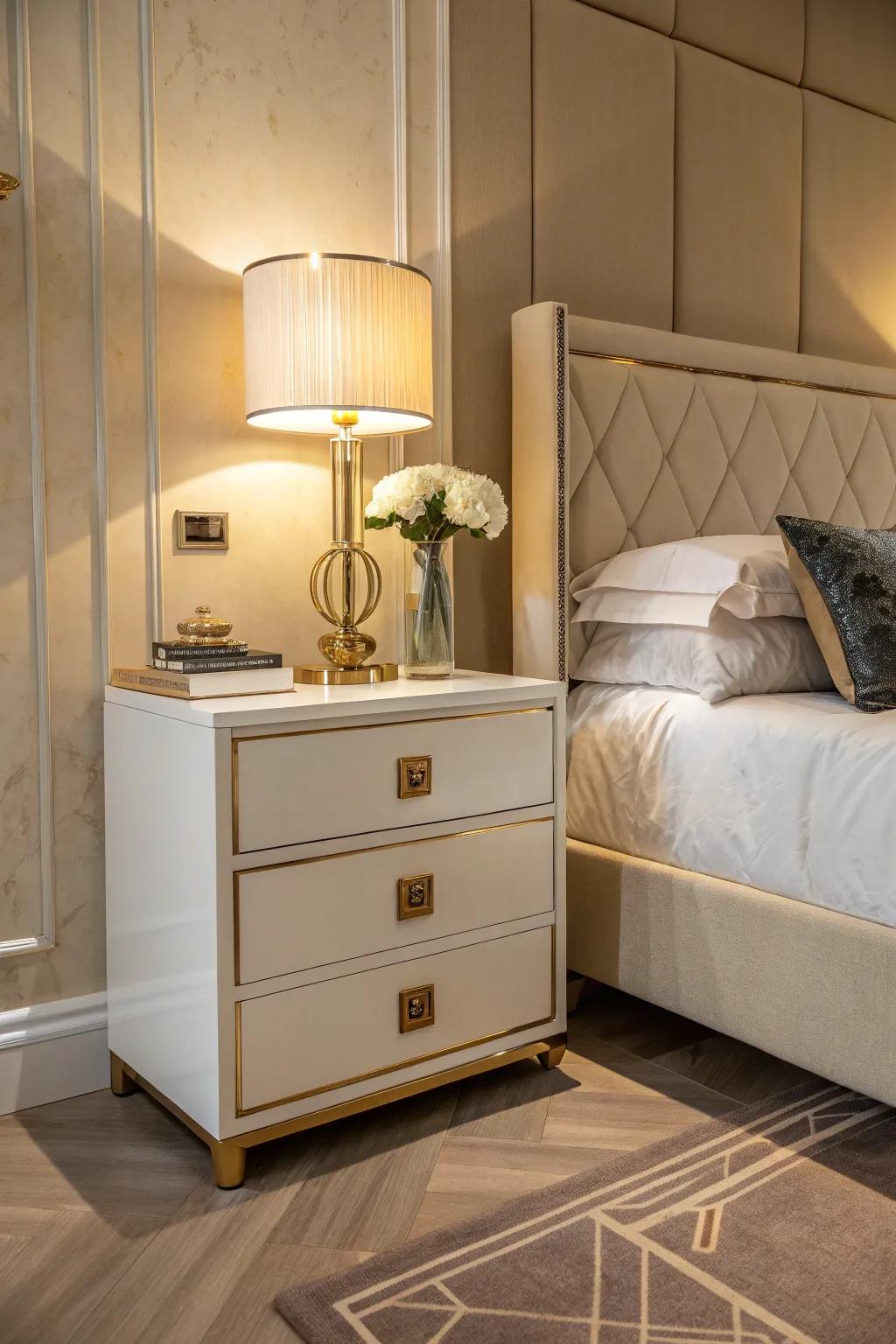 Bedside tables that are accented with gold contribute to the theme seamlessly.