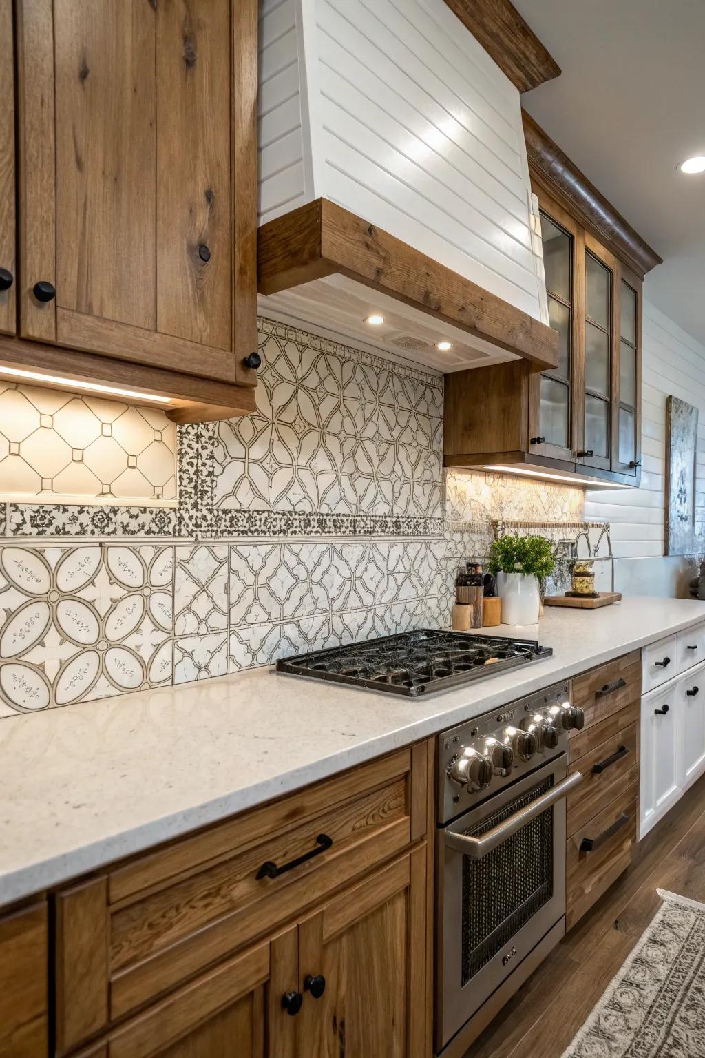 A distinctive backsplash incorporating mixed materials.