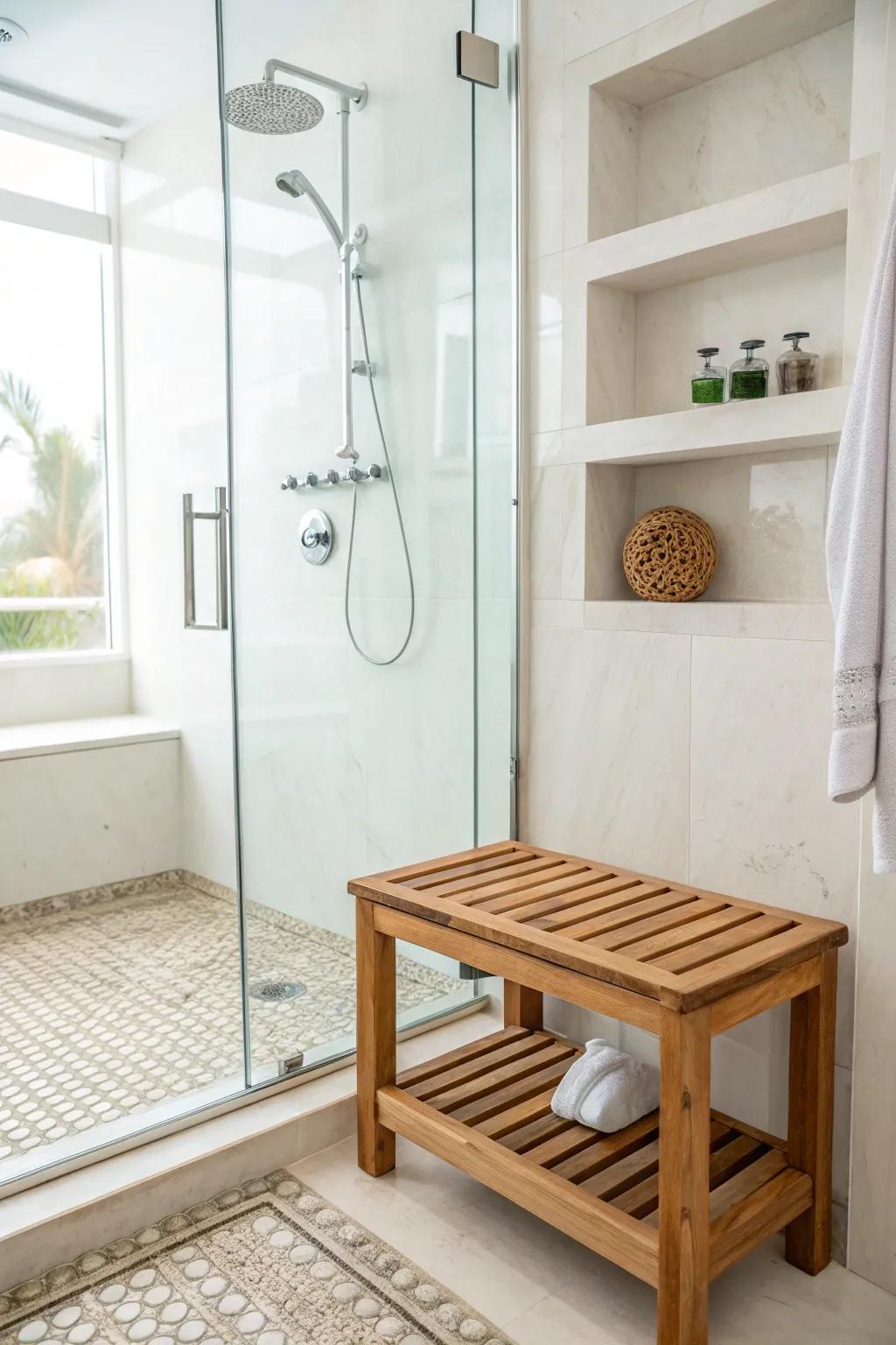 Spa-inspired elements create a tranquil retreat in this white bathroom.