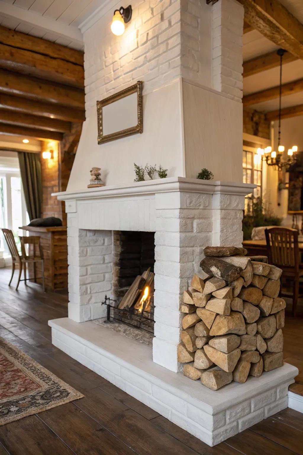 A decorative firewood display adds warmth to a white fireplace.