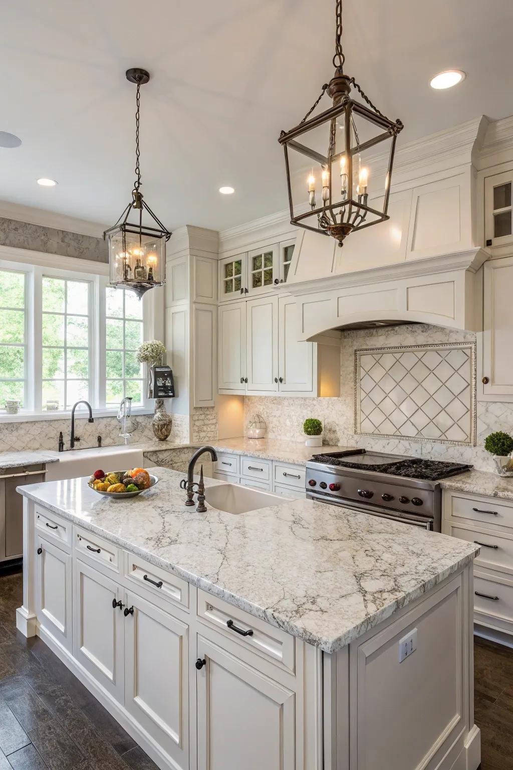 Marble and granite combine for a ageless kitchen beauty.