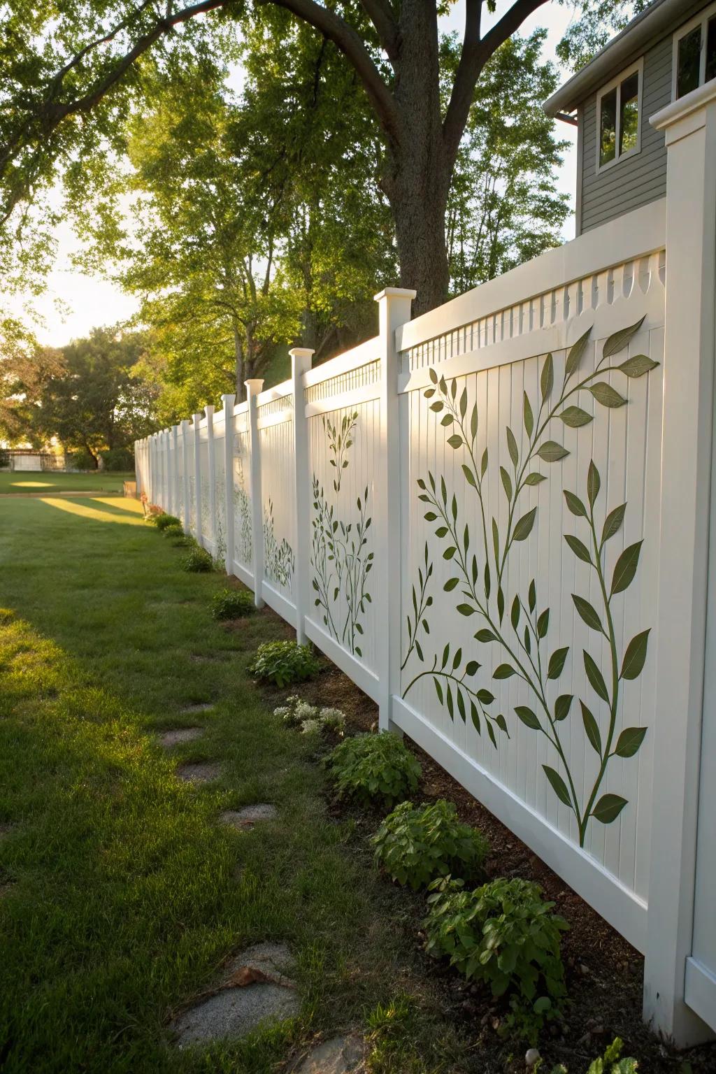 Decorative cutouts in a white fence create captivating patterns and shadows.