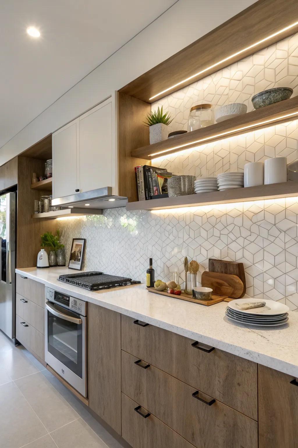 Crystalized stone backsplash that features an attached shelf for more storage.