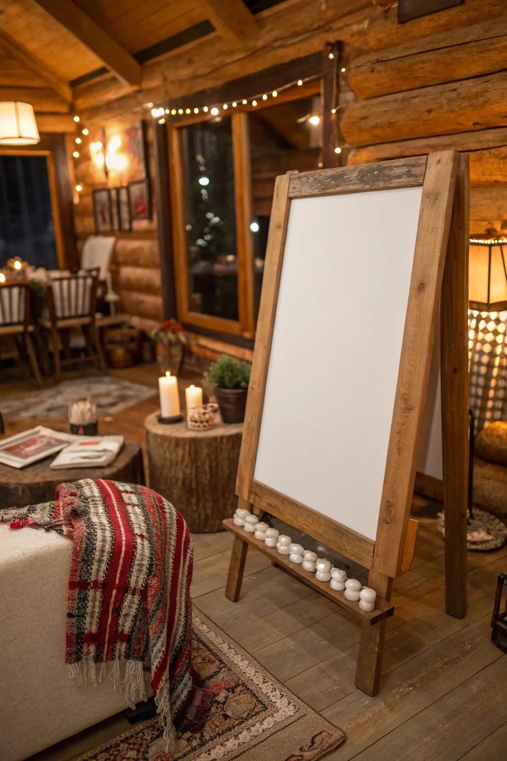 A rustic wood frame adds character and warmth to the whiteboard.