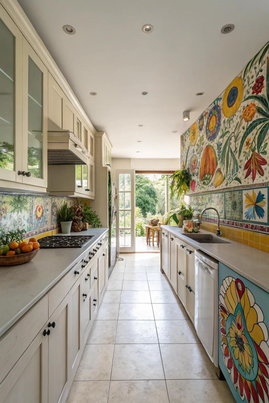A splash panel injecting a burst of color and protection in a wide galley kitchen.