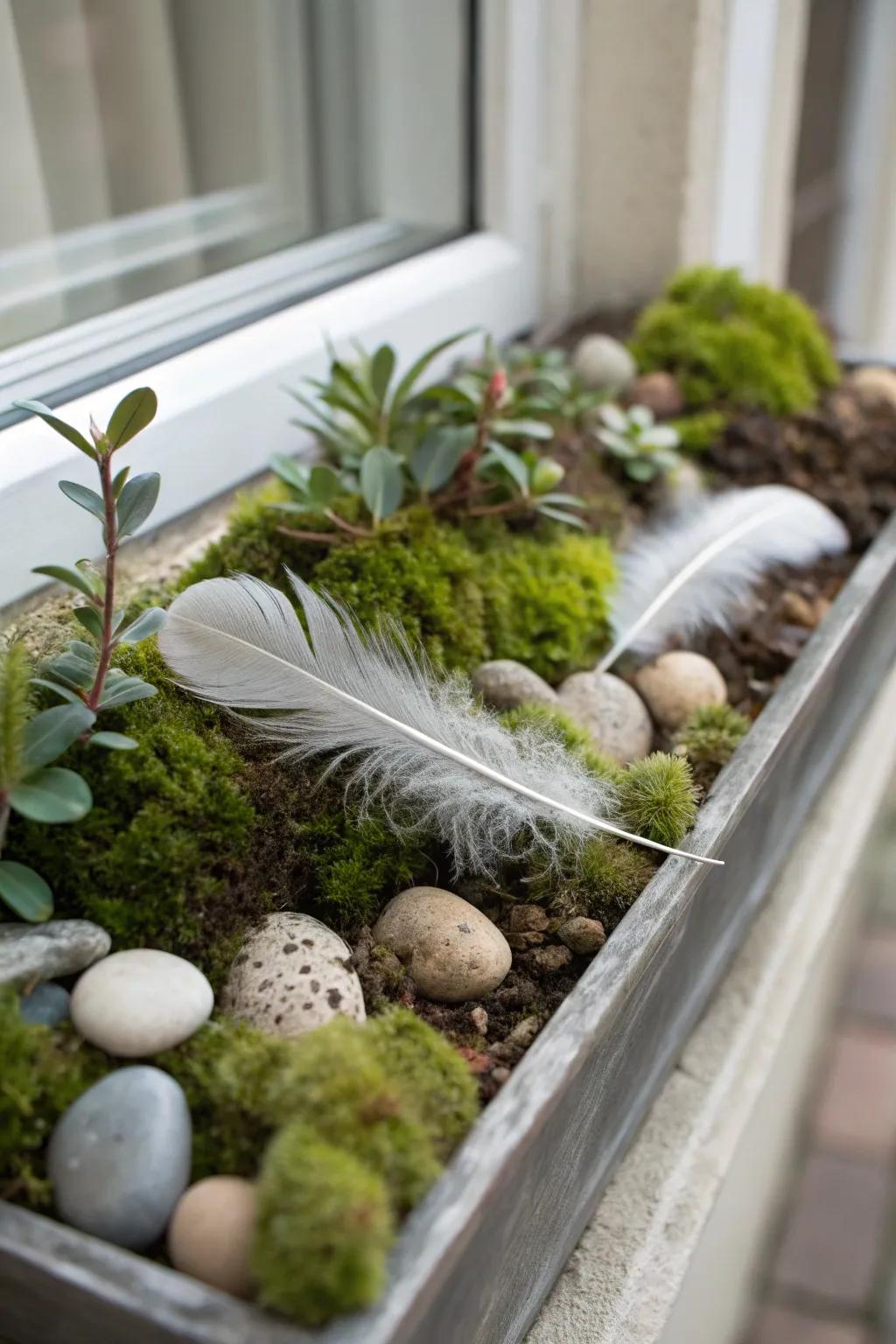 A textured variety featuring feathers and moss in a window box