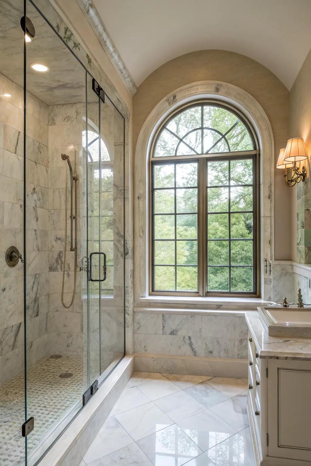 An arched window enhances the shower area with a touch of sophistication.