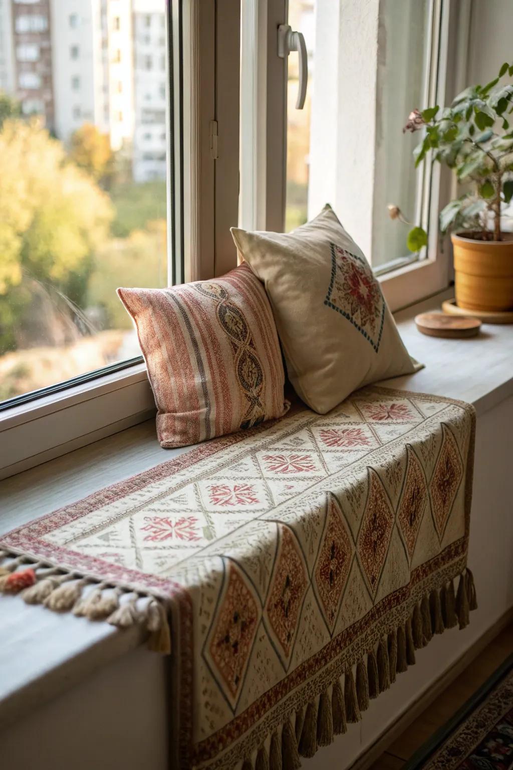 The use of textiles brings warmth and texture to a windowsill.
