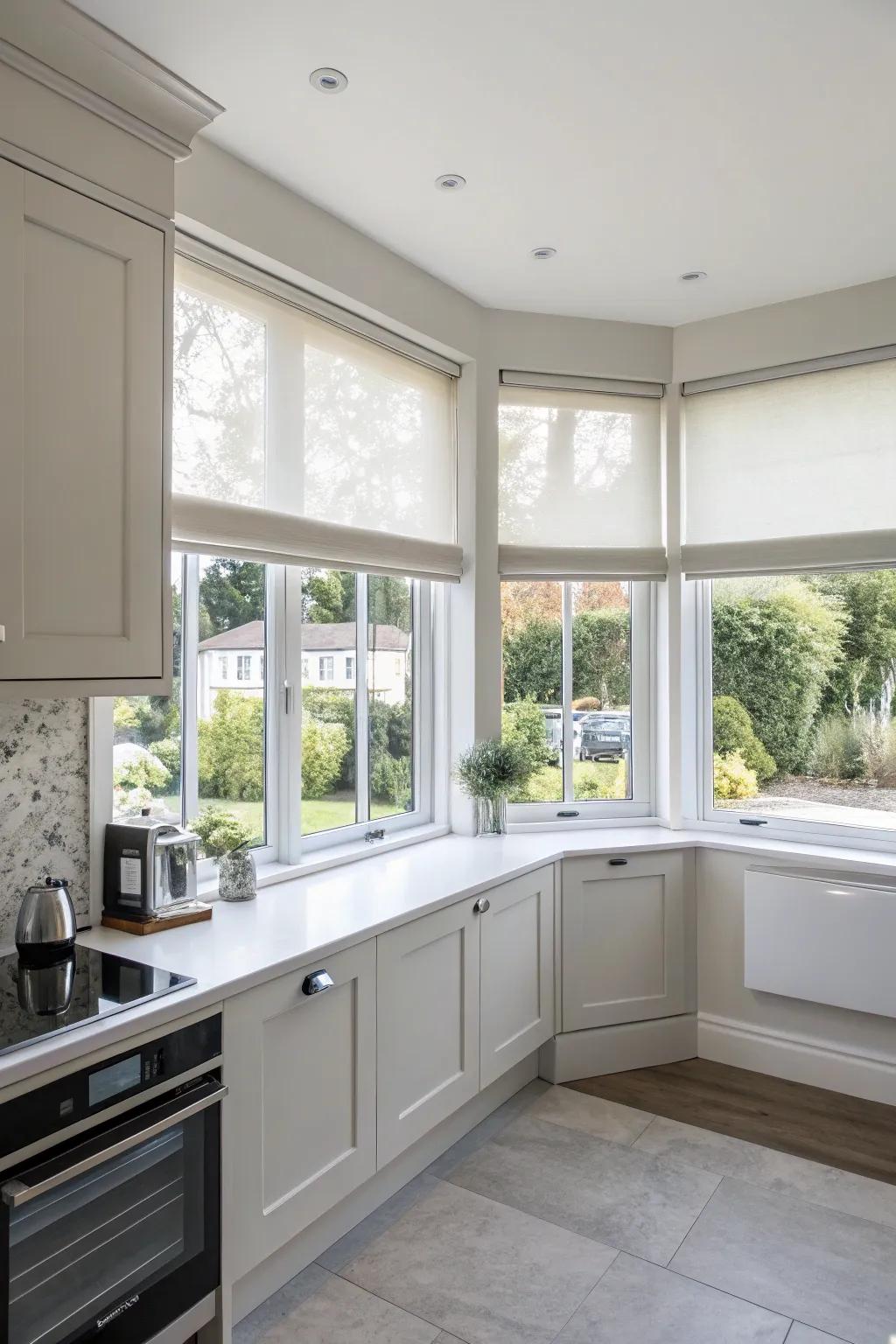Wind-up blinds provide a sleek and modern look.