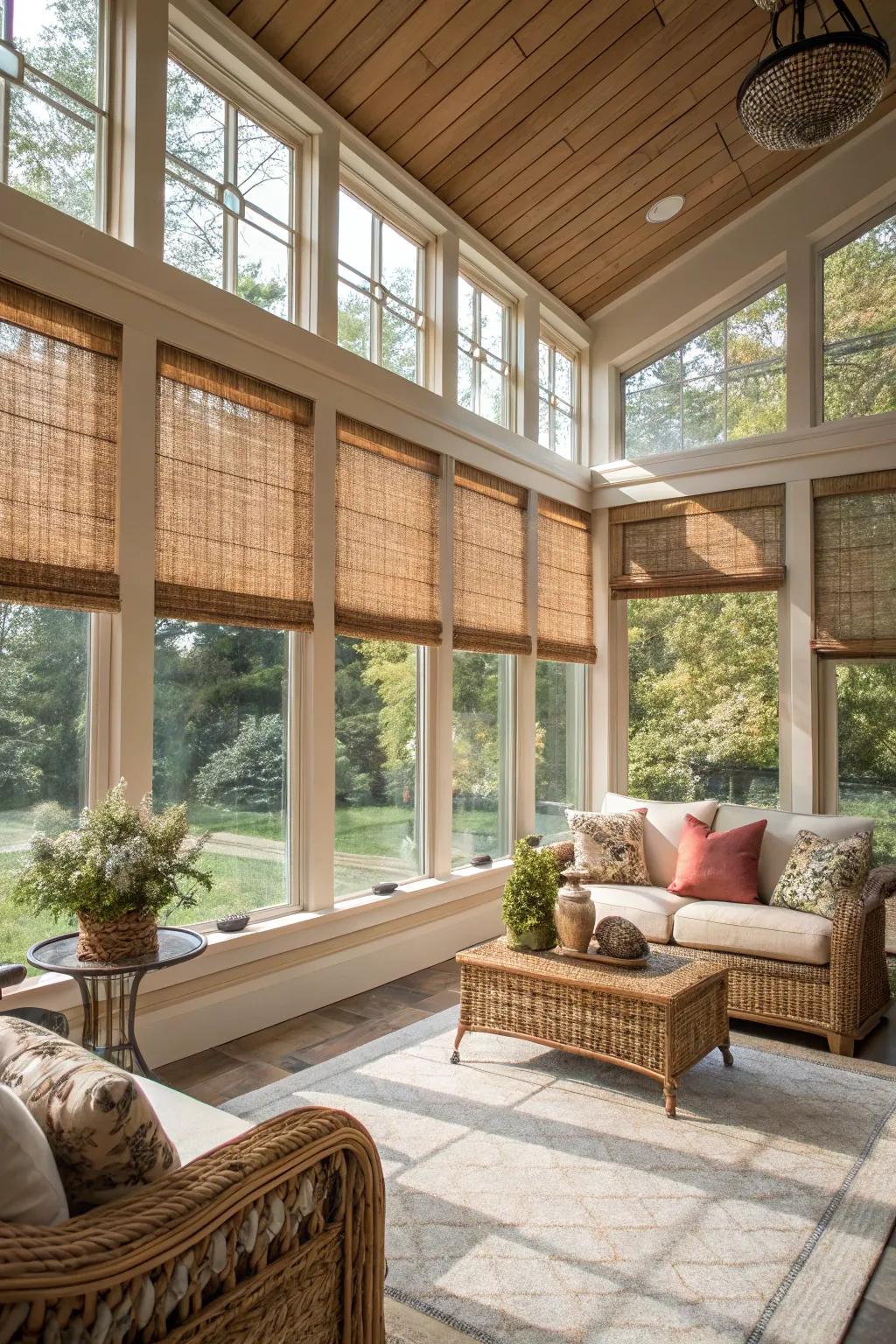 Woven wood shades enhance texture and evoke a rustic sensation.