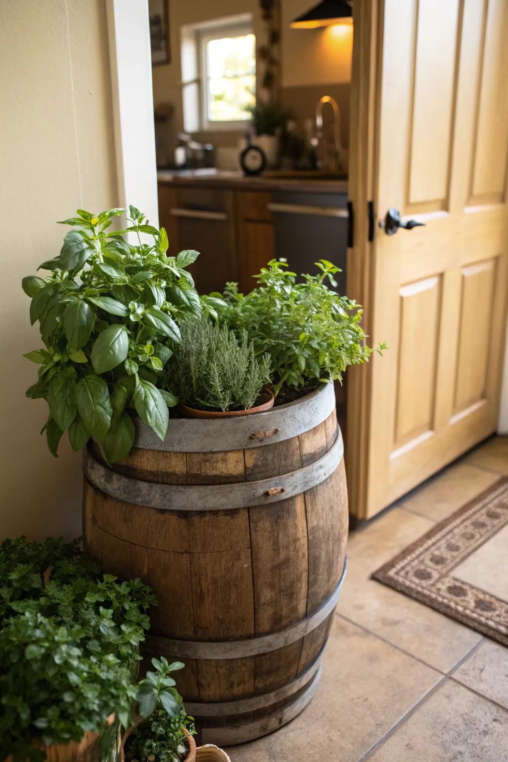 A handy herb garden in a wine cask.
