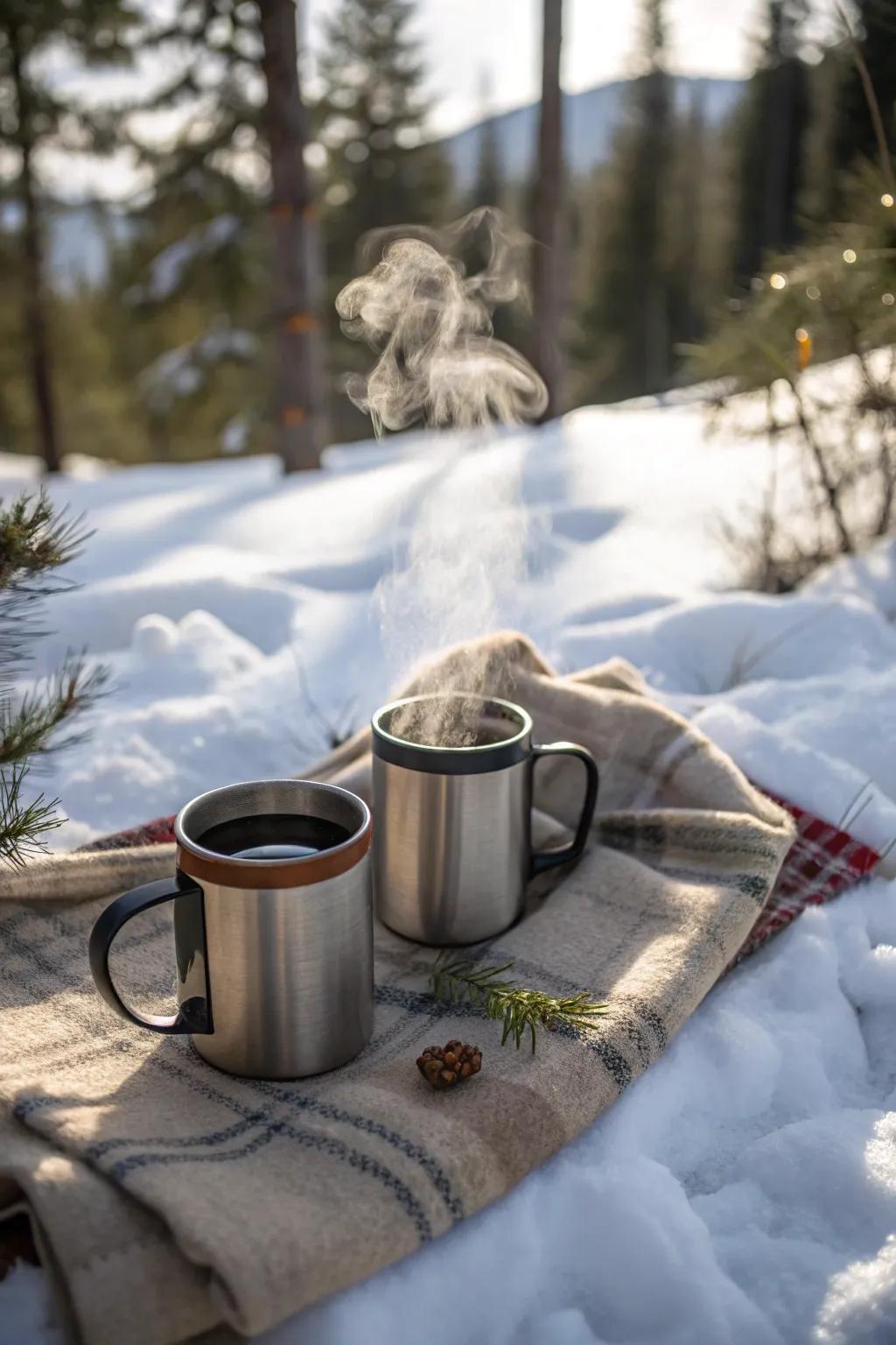Thermal mugs keep your beverages hot on cold days.