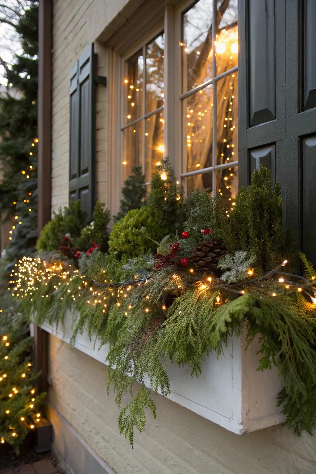 Twinkling lights make your window box shine with festivity.