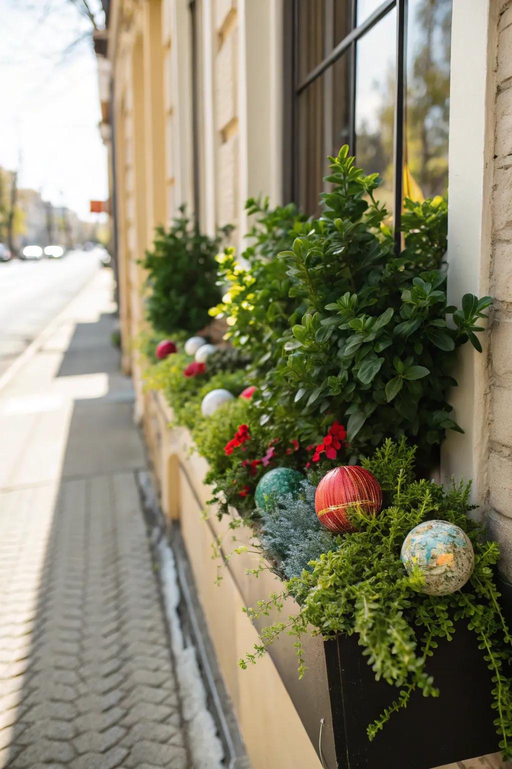 Decorative spheres introduce a whimsical element to this festive window box.