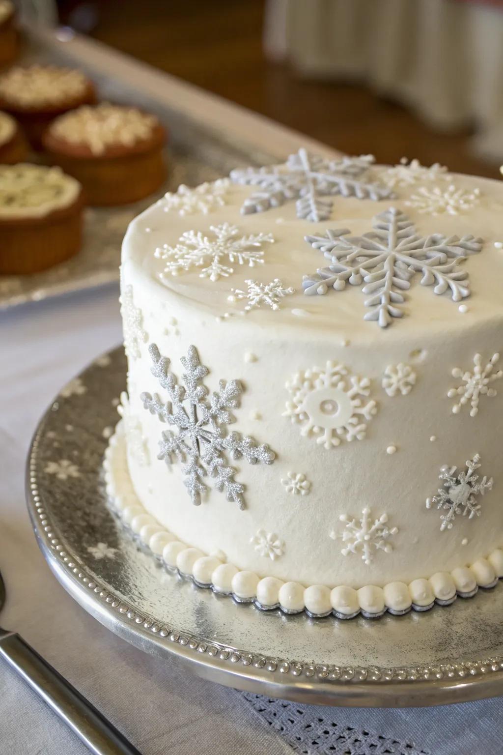 A rhapsody of glacier flakes adorns this winter wonderland cake.