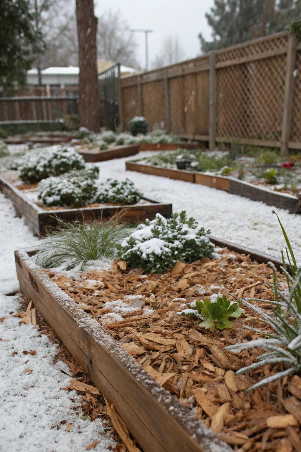 Bark nuggets provide essential insulation for plants in winter.