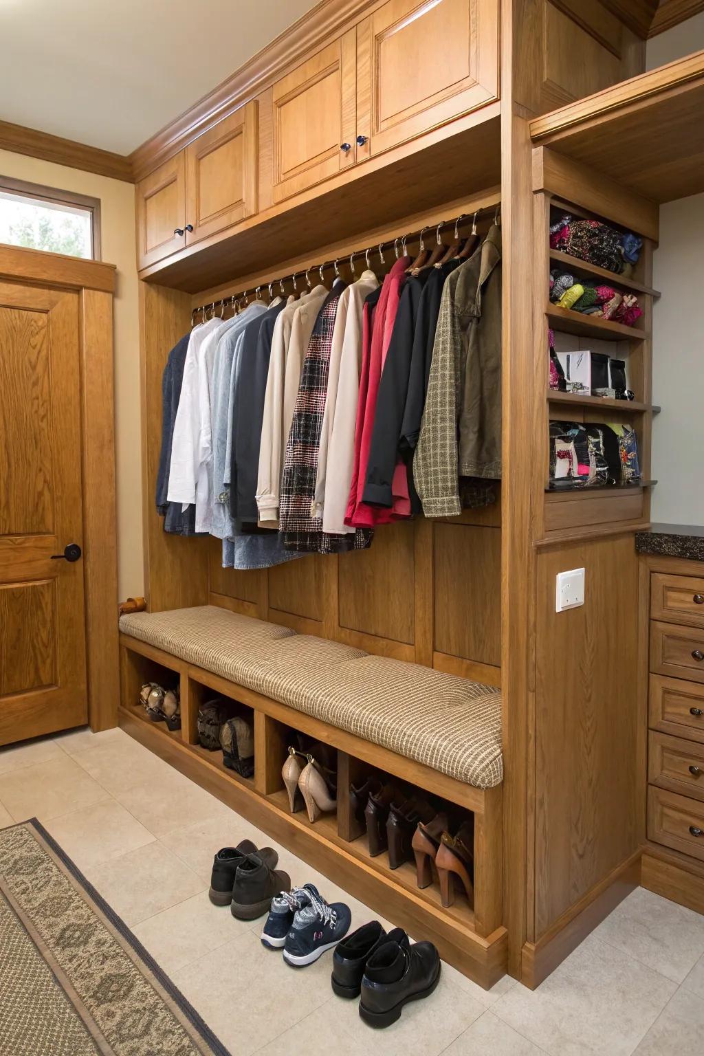A seating area enriches your closet experience with added comfort.