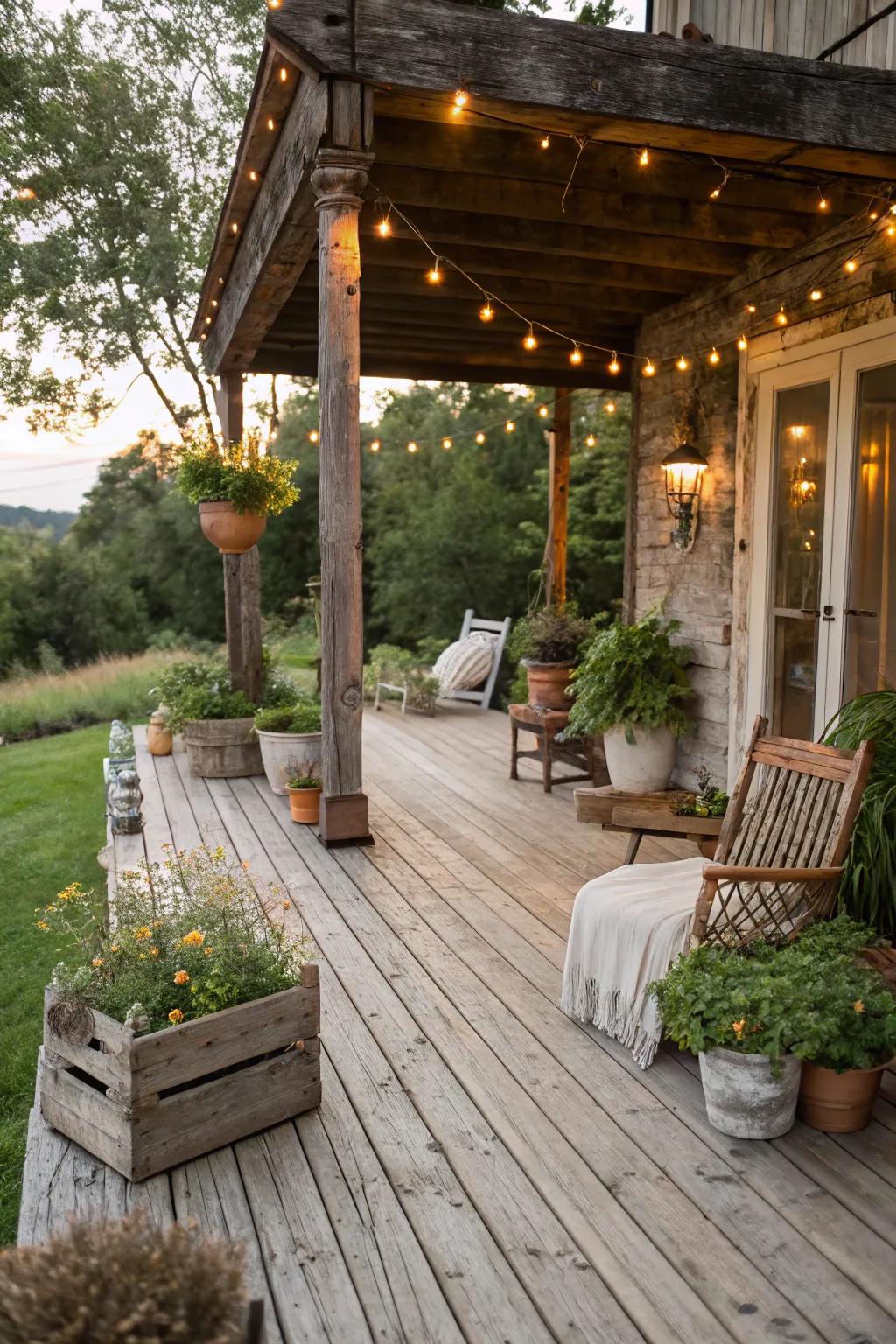 A rustic deck design crafts a charming and inviting atmosphere.
