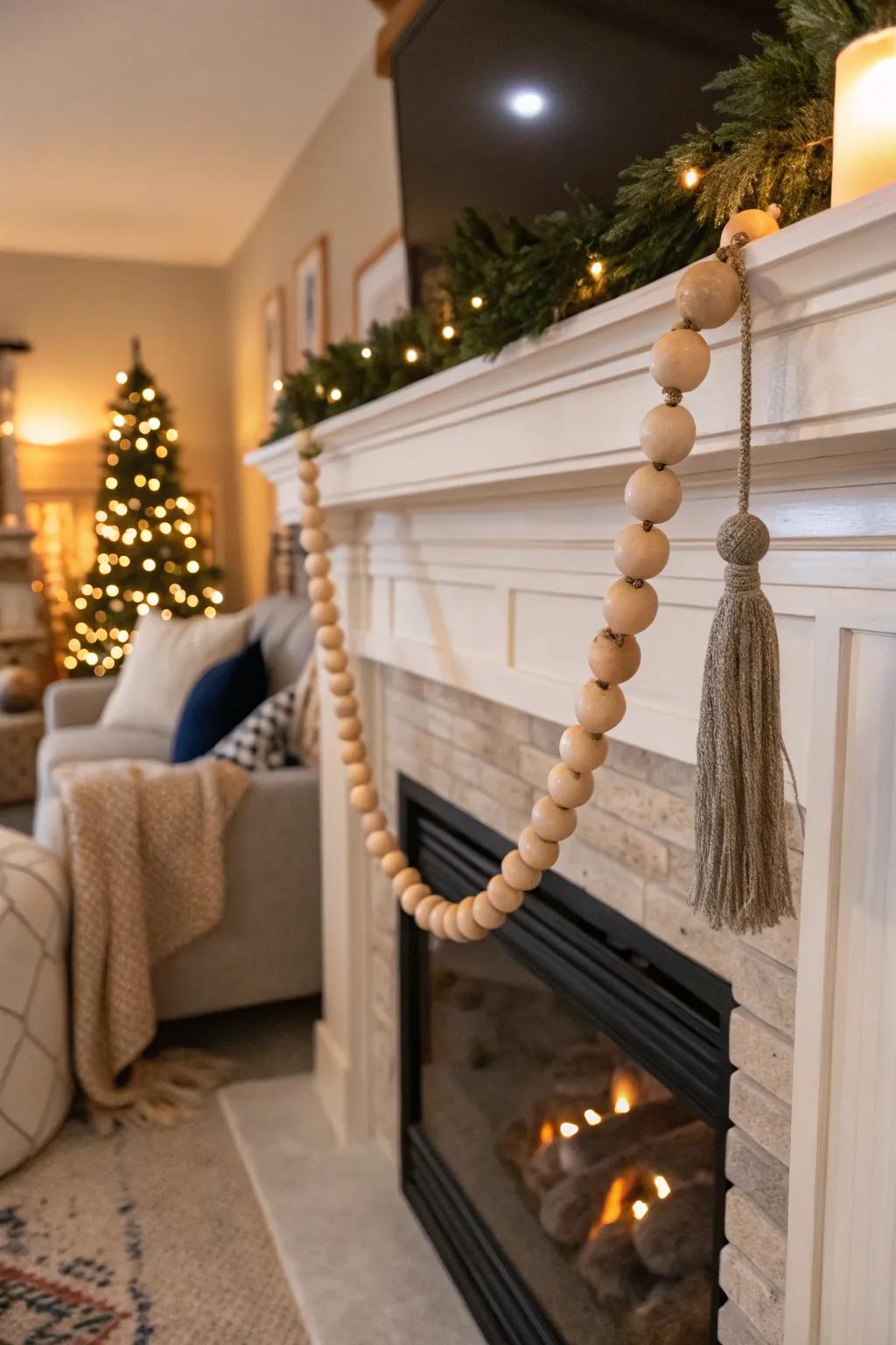 Wood bead garlands introduce rustic charm.