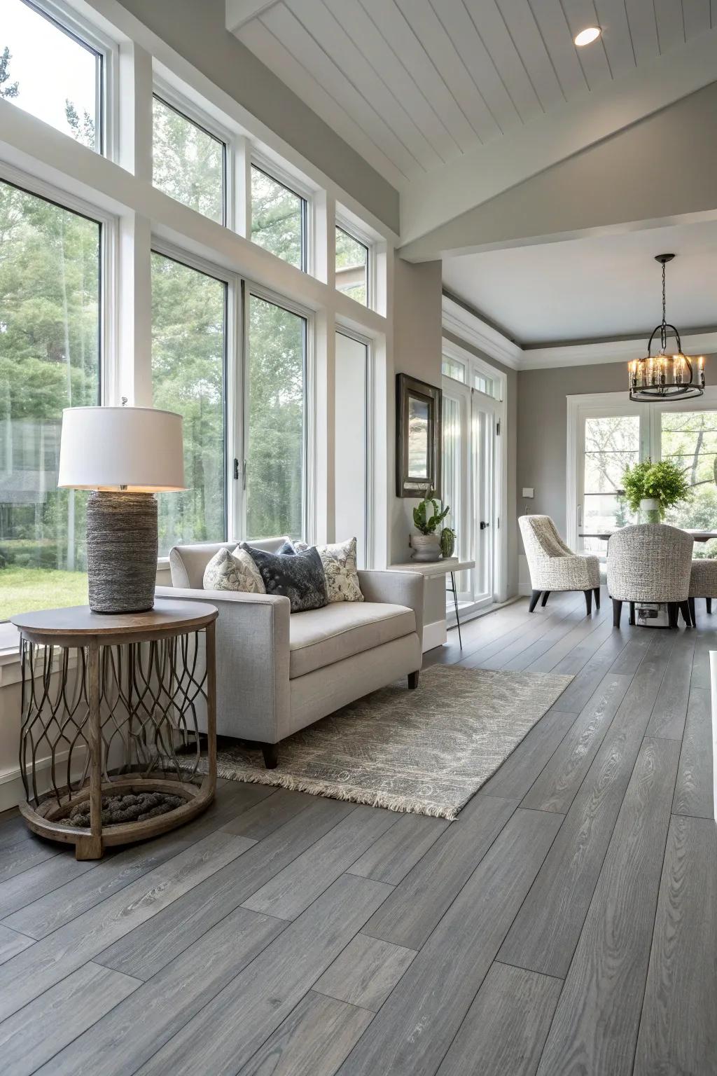 Stylish interior showcasing gray wooden flooring.