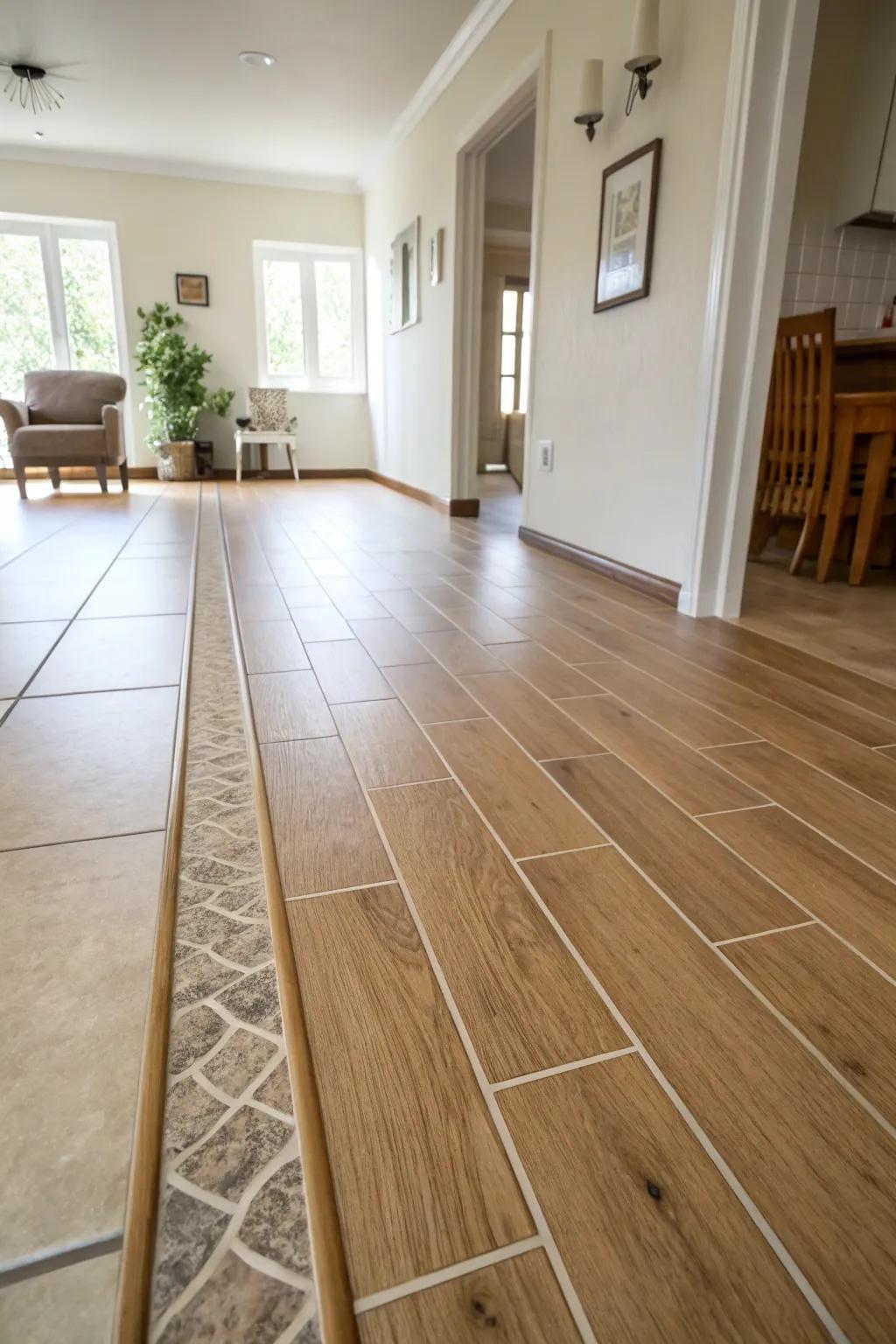A minimalist interior featuring seamless mortar line transition from tiled to hardwood flooring.