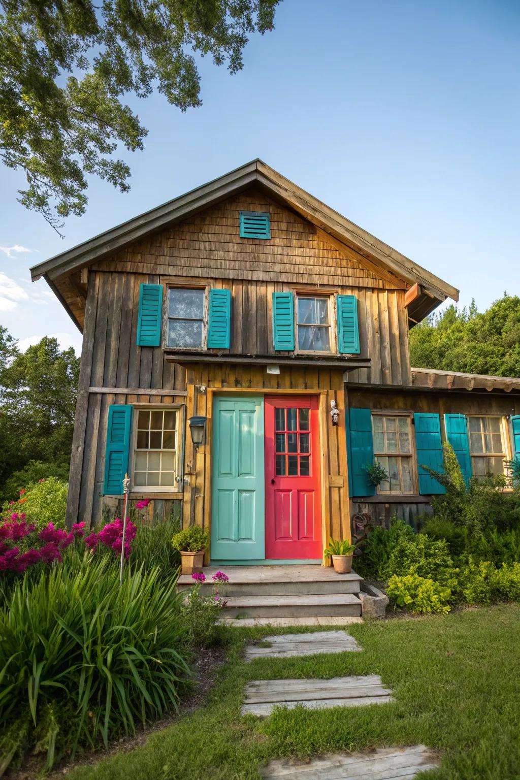 A wood house with bold color accents that add a surprising pop of personality.