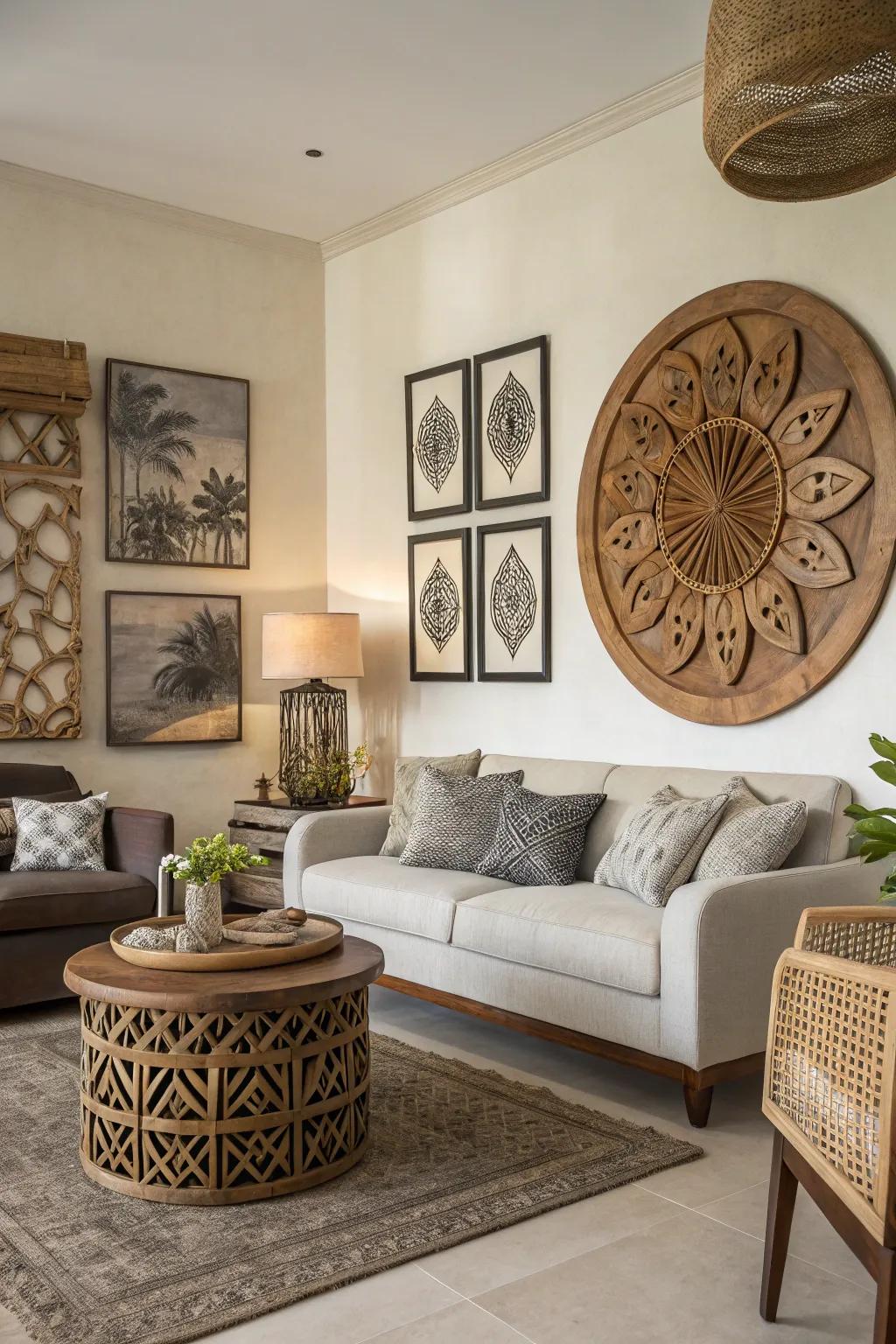A living space showcasing wooden art pieces that add character and warmth.