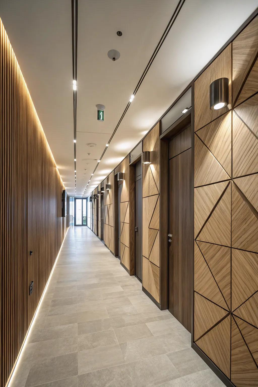 A hallway that features geometric wood paneling.