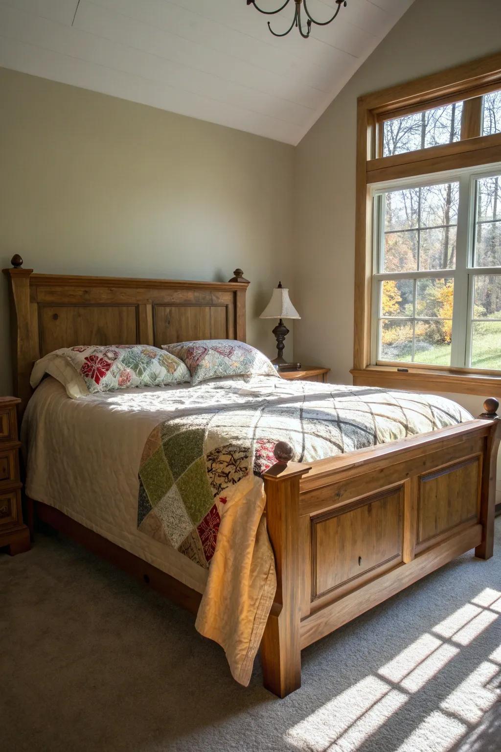 Sunlight brightens up this wooden bed design.