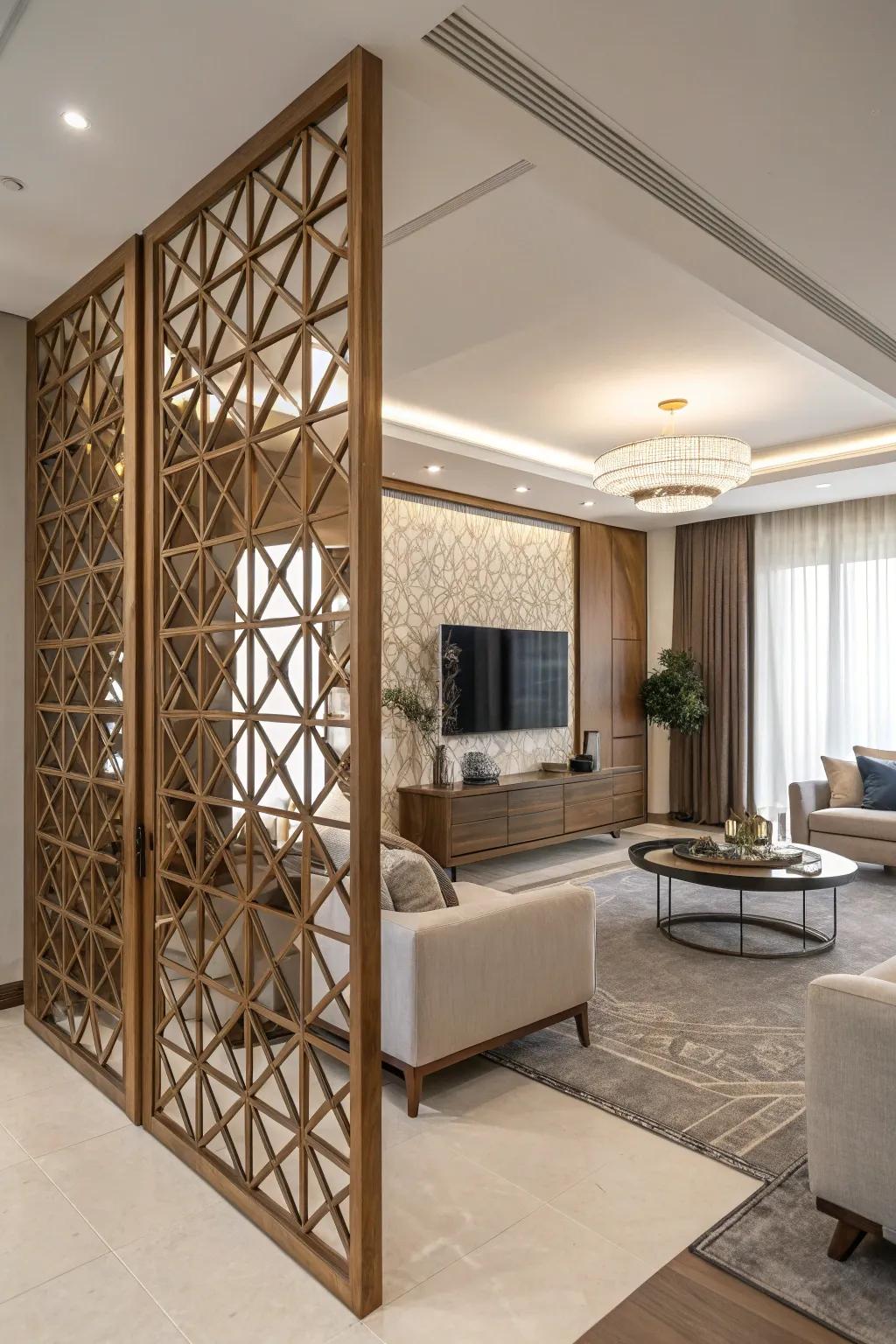 Geometric patterns featured on timber dividers contribute a daring and artistic flair to the space.