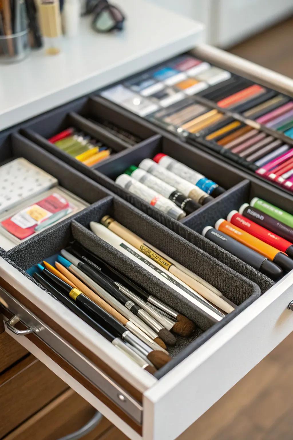 A custom art drawer keeps supplies organized and accessible.