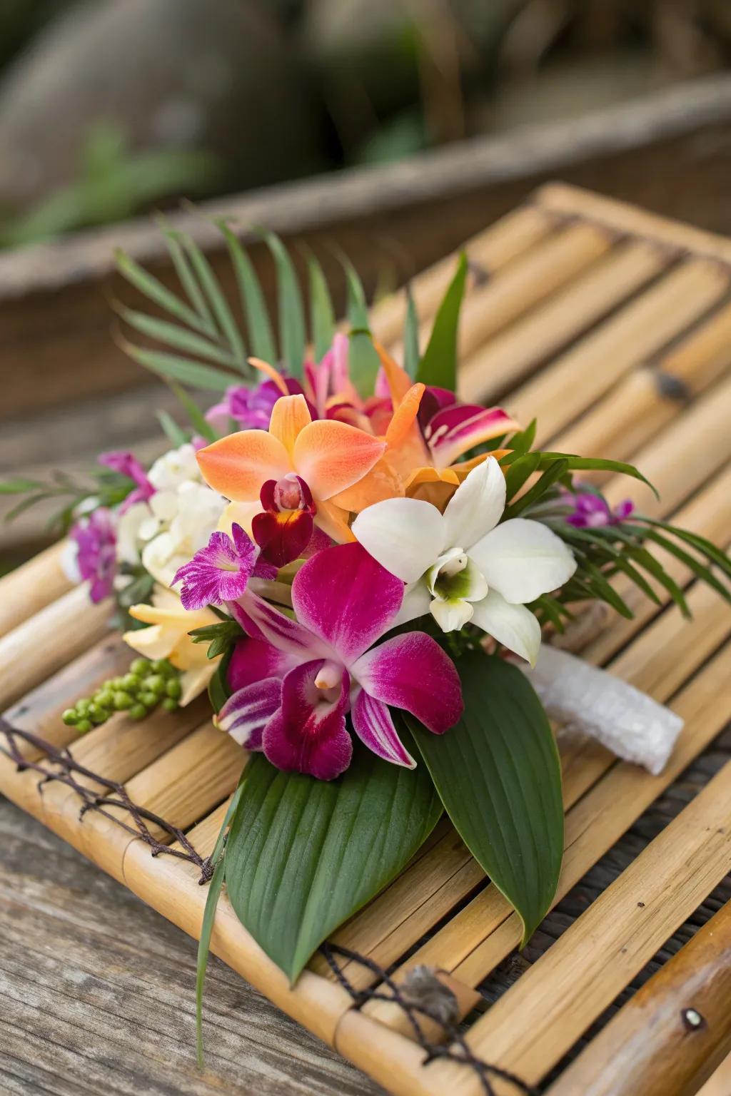 Vibrant tropical wrist corsage featuring orchids and hibiscus.