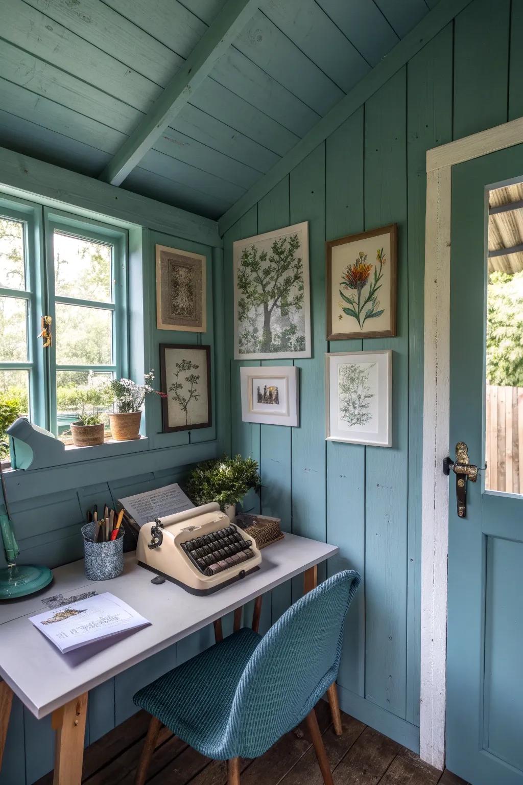 A calm writing shed interior with a soothing color palette.