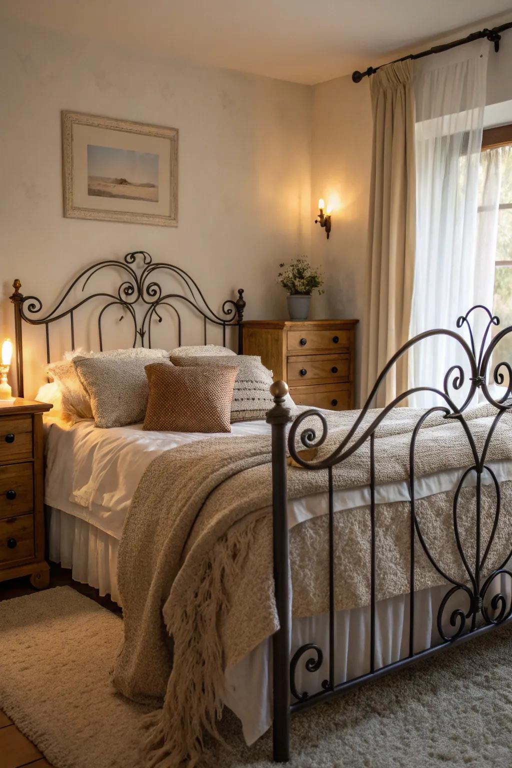 A forged metal bed structure adds a touch of romance to your bedroom.