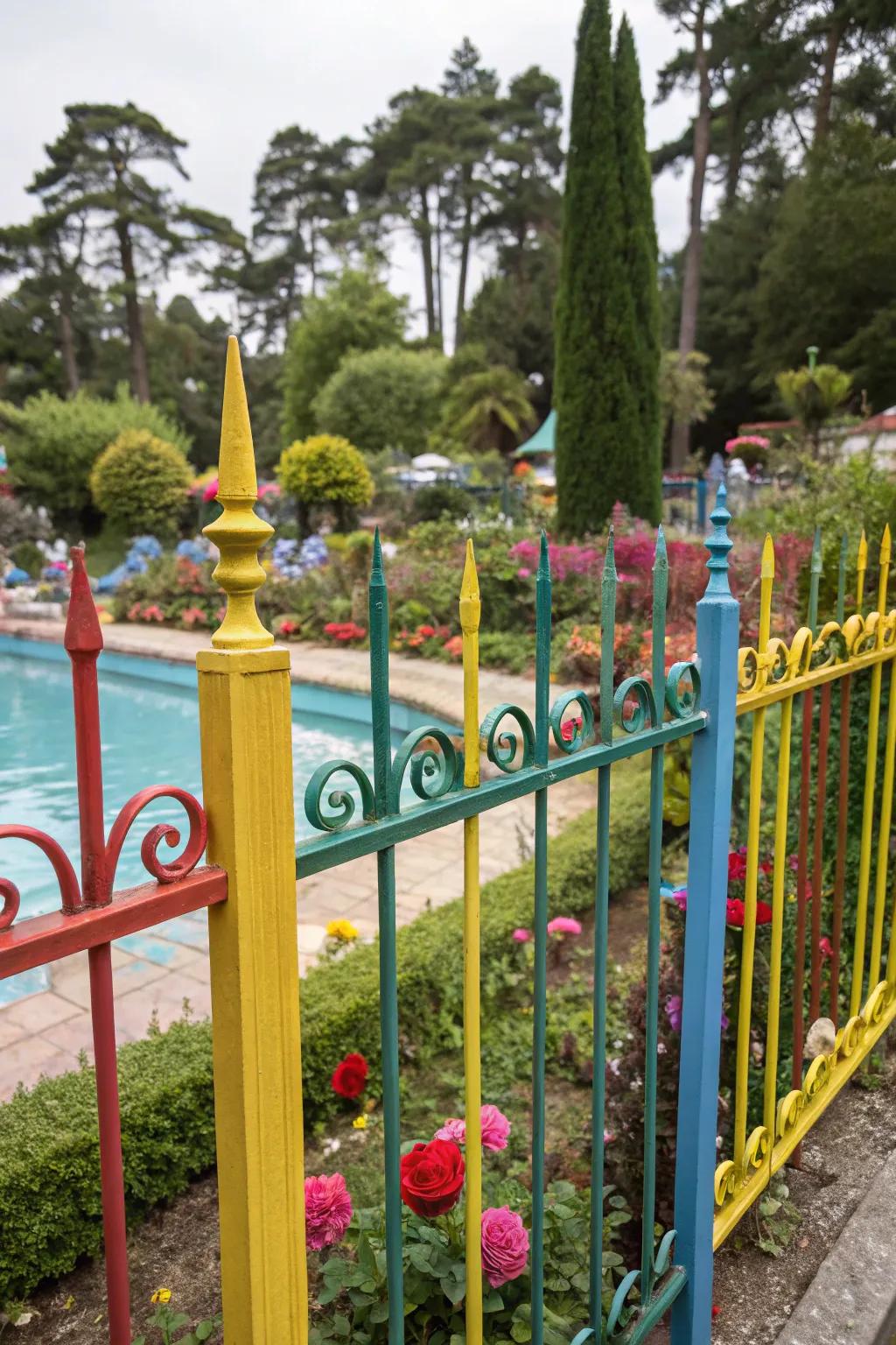 Colorful accents on a metal rod barrier bring vibrancy to this pool area.