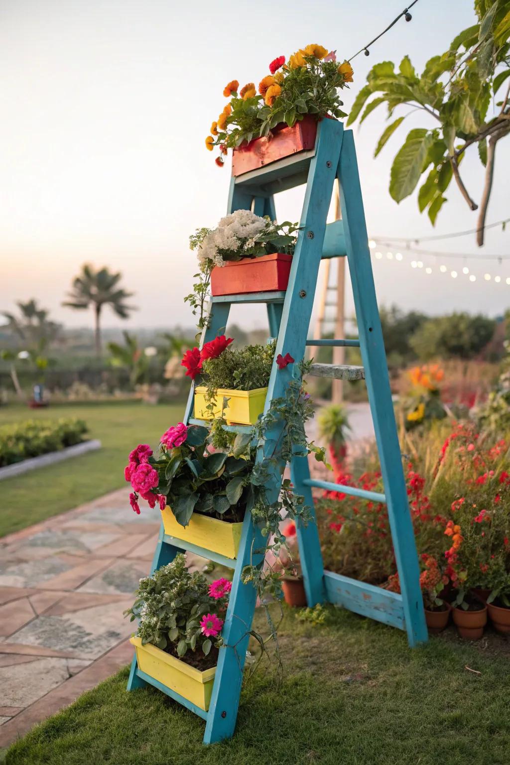 A ladder-style plant display introduces vertical interest to the garden.