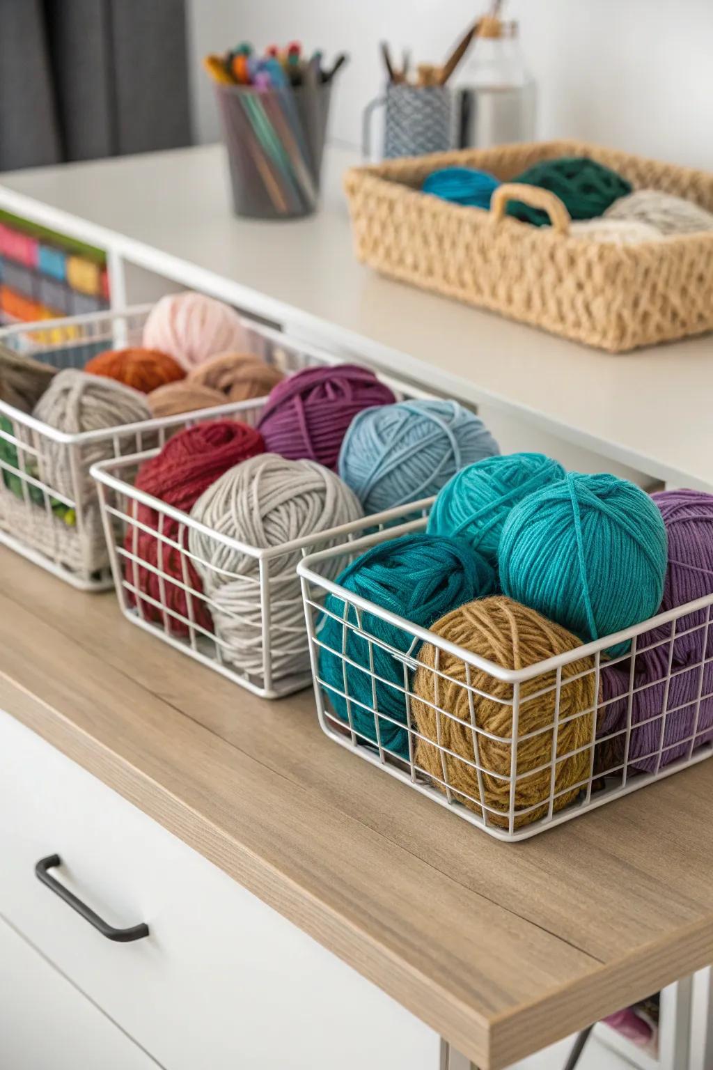 Wire baskets offer a fashionable and visible yarn storage solution.