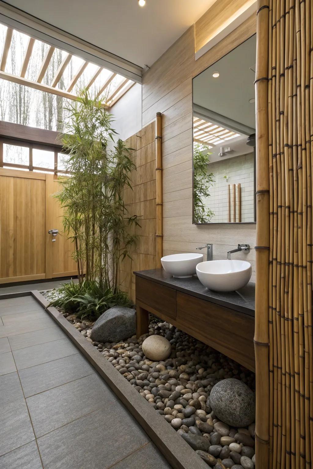 Organic objects like bamboo contribute authenticity to a zen bathroom.