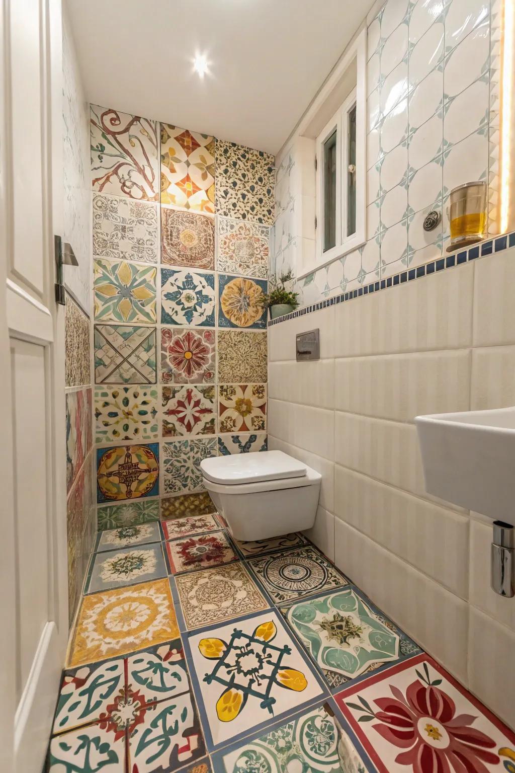 Unique tile patterns adding personality and texture to the bathroom.