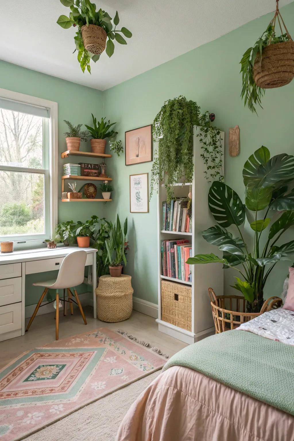 Natural elements introduce freshness and energy to the space.